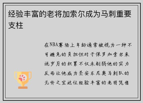 经验丰富的老将加索尔成为马刺重要支柱